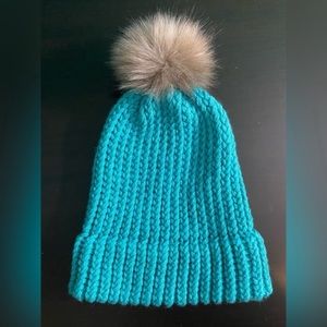 New Handmade Knit Beanie- Turquoise/Tan